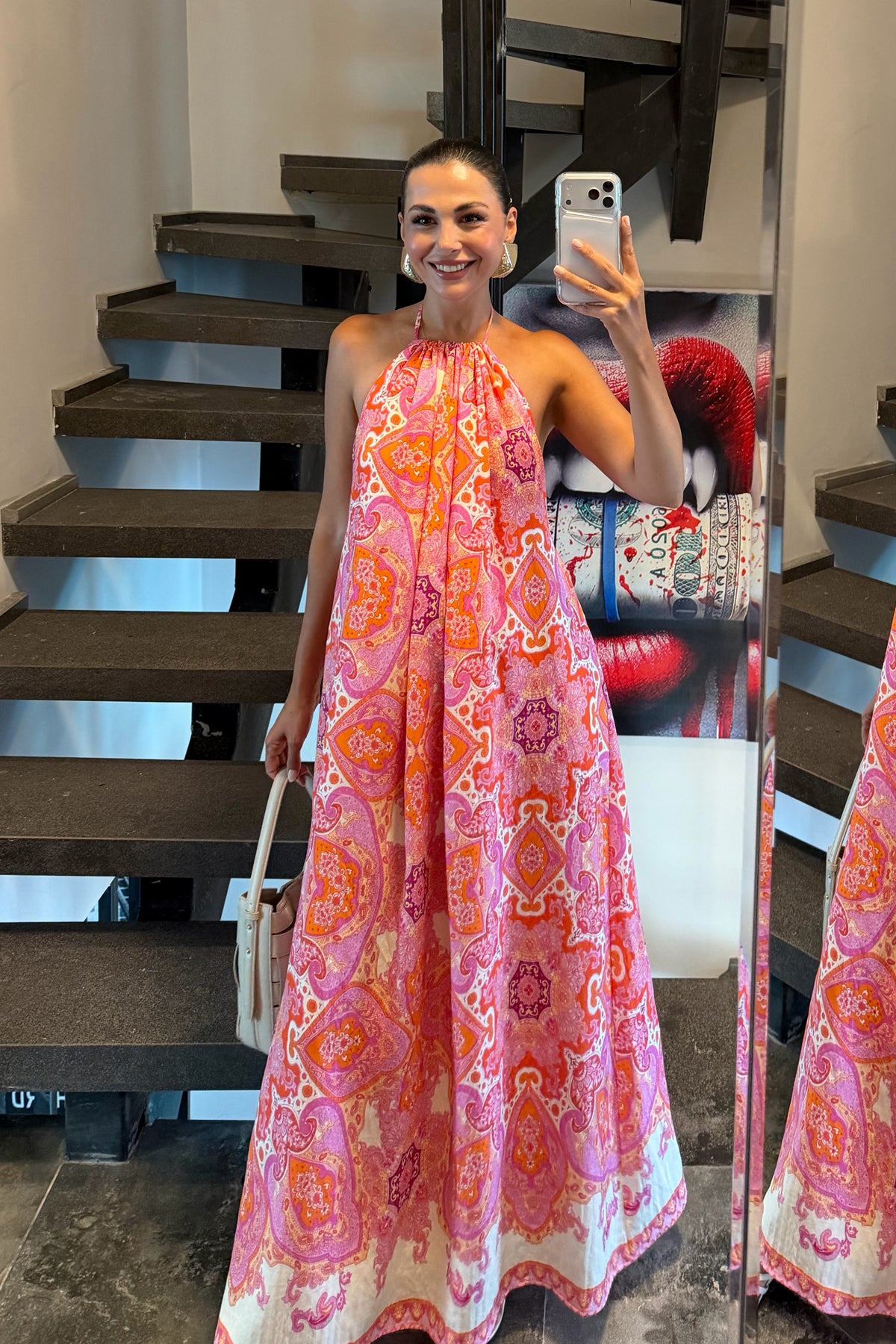 Pembe Boyundan Bağlamalı Şal Desenli Uzun Elbise SY-3767-Pembe