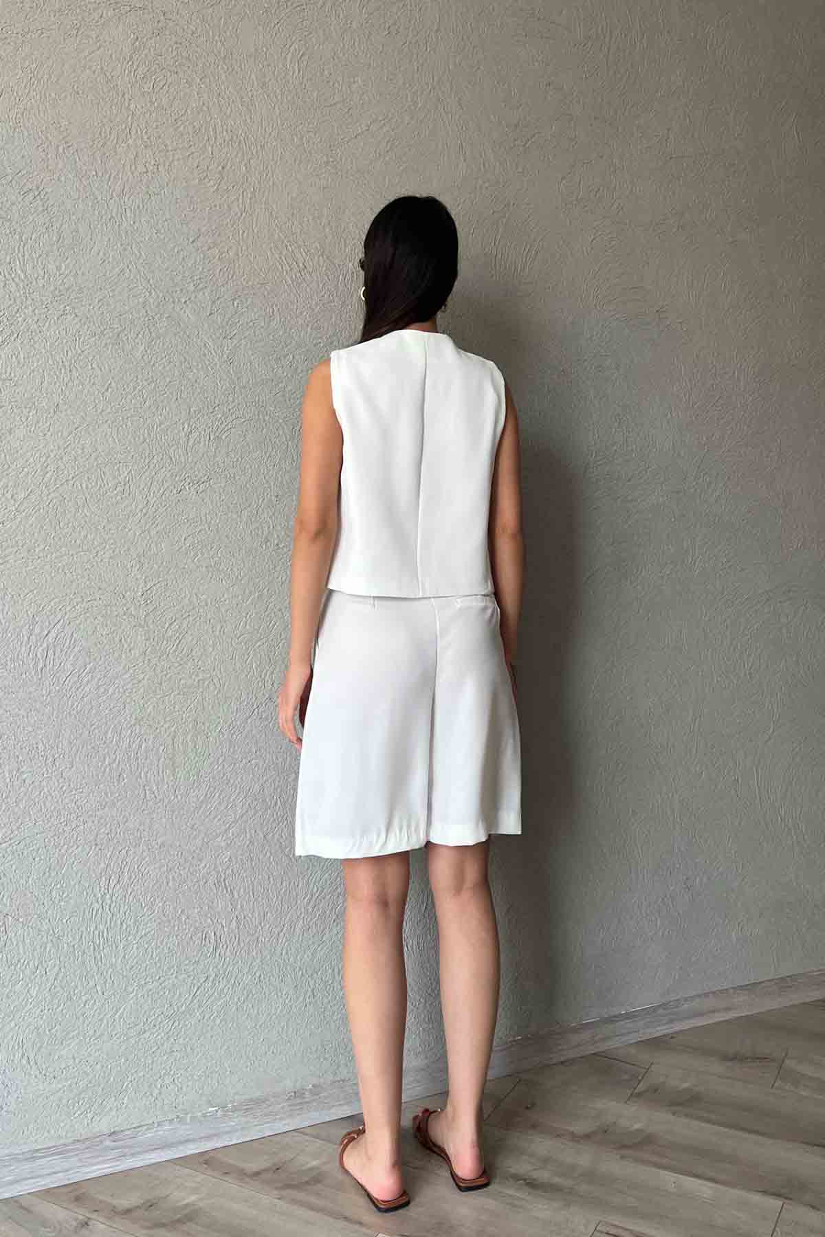 Beyaz Krep Yelek Bermuda Şort Takım SY-1998-Beyaz