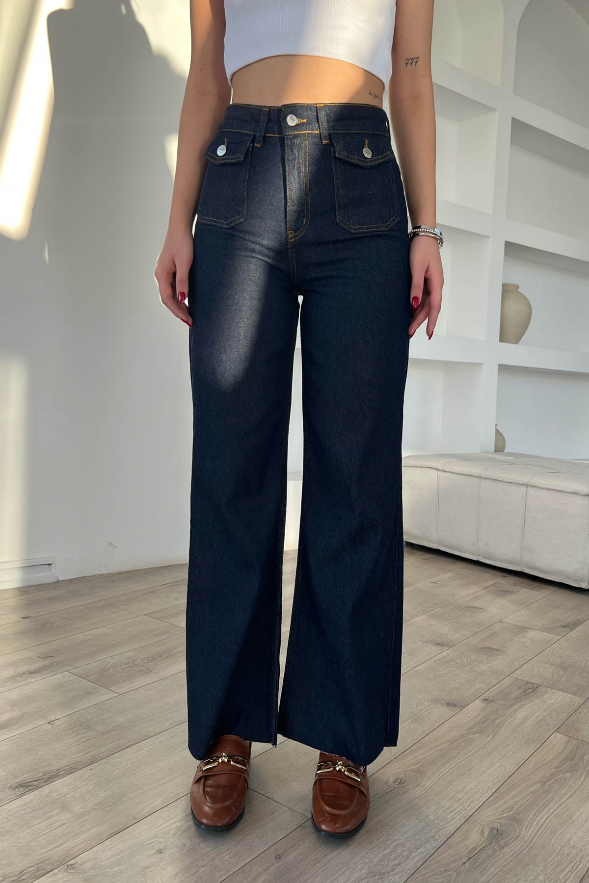 Koyu Mavi Cep Detaylı Kesik Paça Straight Fit Jean SY-1706-Koyu Mavi