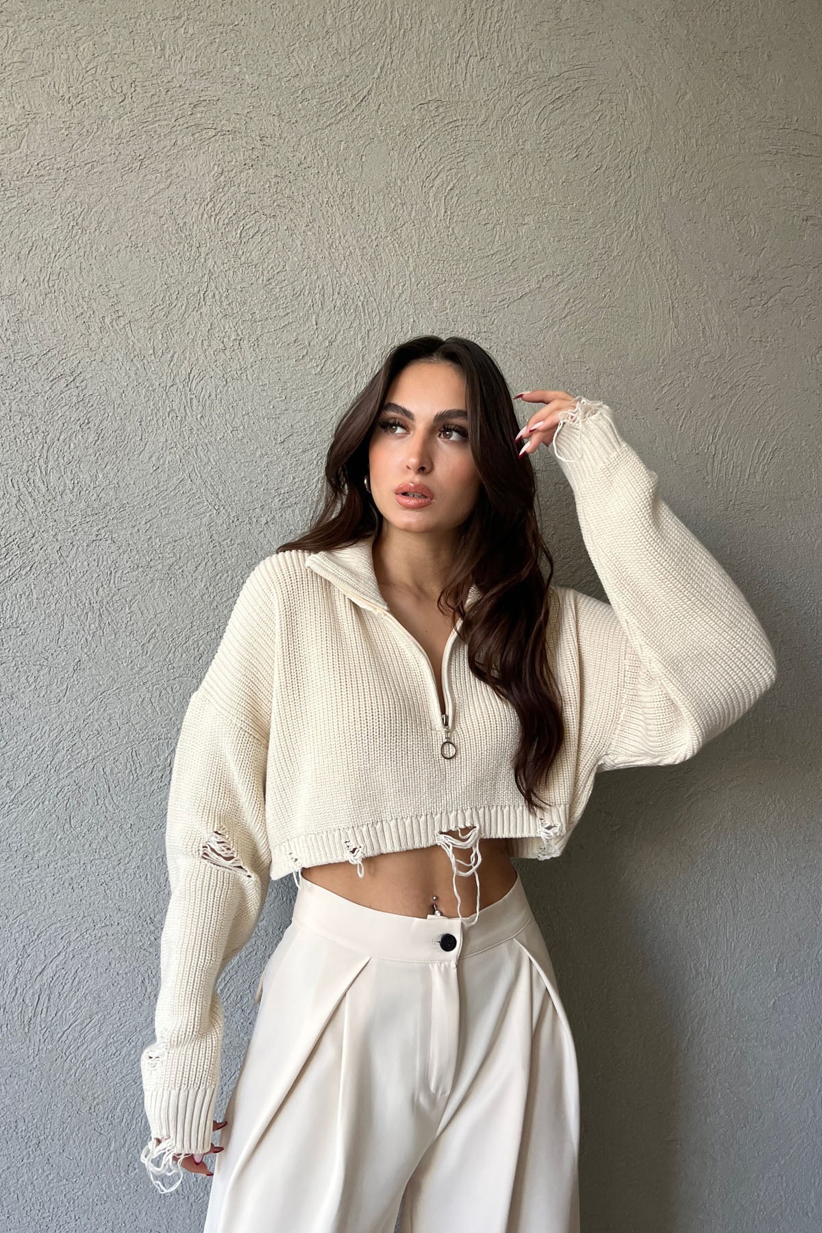 Ekru Yarım Fermuarlı Crop Triko Kazak SY-1547-Ekru