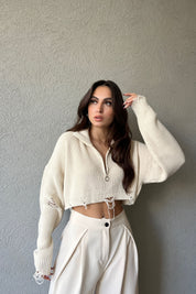 Ekru Yarım Fermuarlı Crop Triko Kazak SY-1547-Ekru