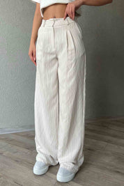 Bej Tensel Kumaş Çizgili Pantolon SY-1977-Bej