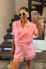 Pembe Keten Dantel Detaylı Şort-Ceket Takım SY-3736-Pembe