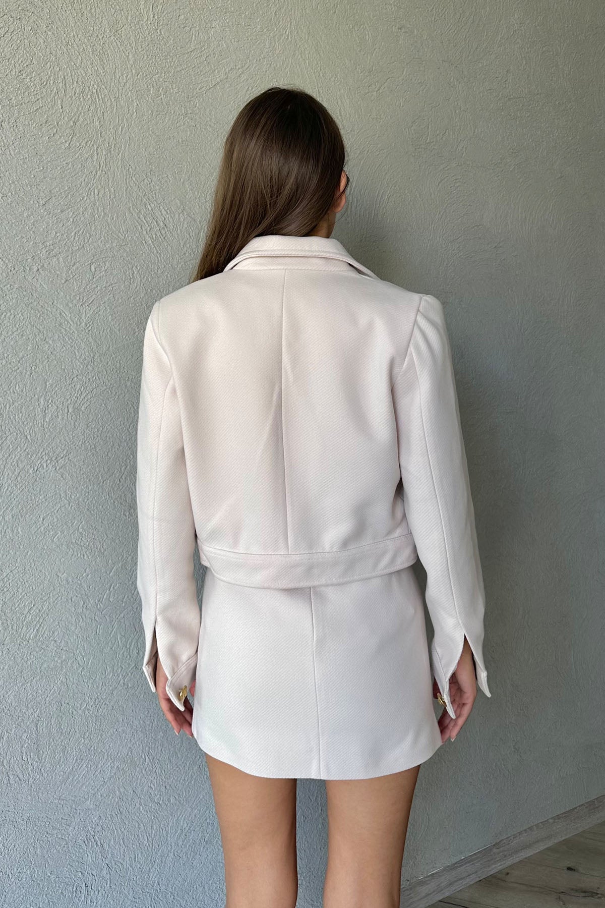 Bej Kaşe Gold Düğme Detaylı Etek Ve Ceket Takım SY-1064-Bej