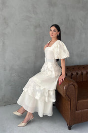 Bej Tasarım Kat Detaylı Pinterest Lipari Elbise (Kemersiz) SY-3375-Bej