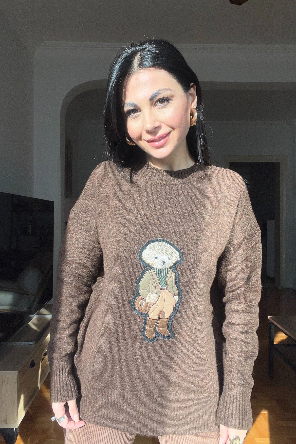 Kahverengi Teddy Bear Nakışlı Triko Kazak SY-2839-Kahverengi