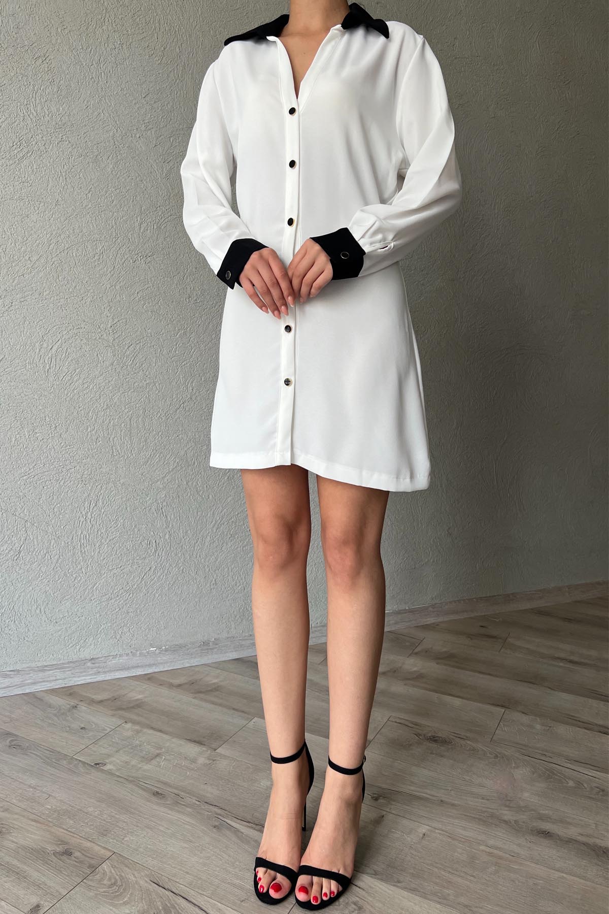 Ekru Garnili Düğme Detaylı Gömlek Elbise SY-1971-Ekru