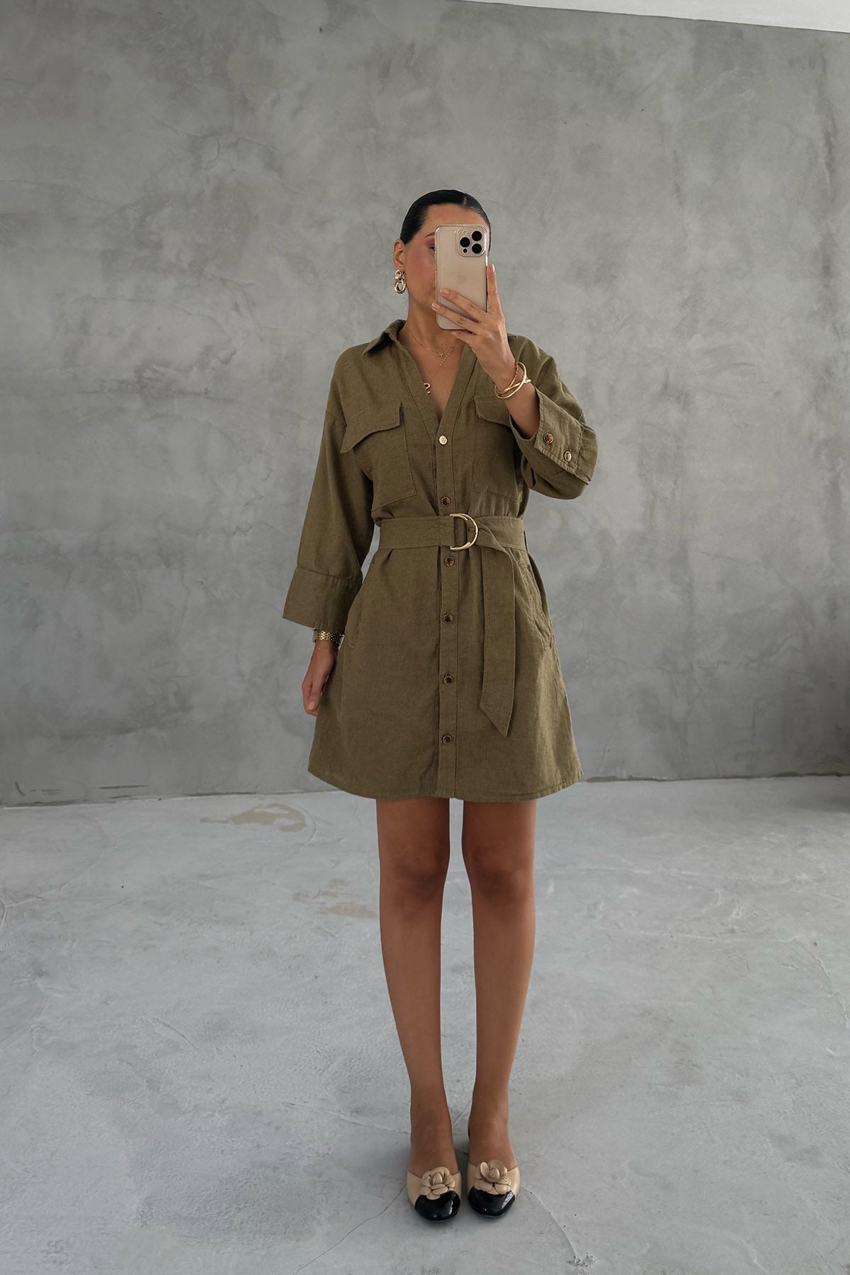 Haki Keten Kuşaklı Gömlek Elbise SY-3213-Haki