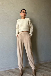 Bej Çift Pileli ve Düğmeli Şalvar Pantolon SY-1317-Bej