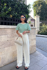 Krem Yüksek Bel Pileli Palazzo Pantolon SY-0559-Krem