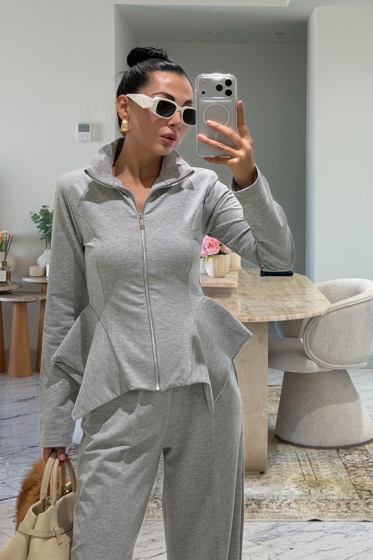 Gri Volan Detaylı Sweatshirt Pantolon Takım SY-3844-Gri