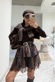 Kahverengi Kemerli Mini Etek SY-3545-Kahverengi