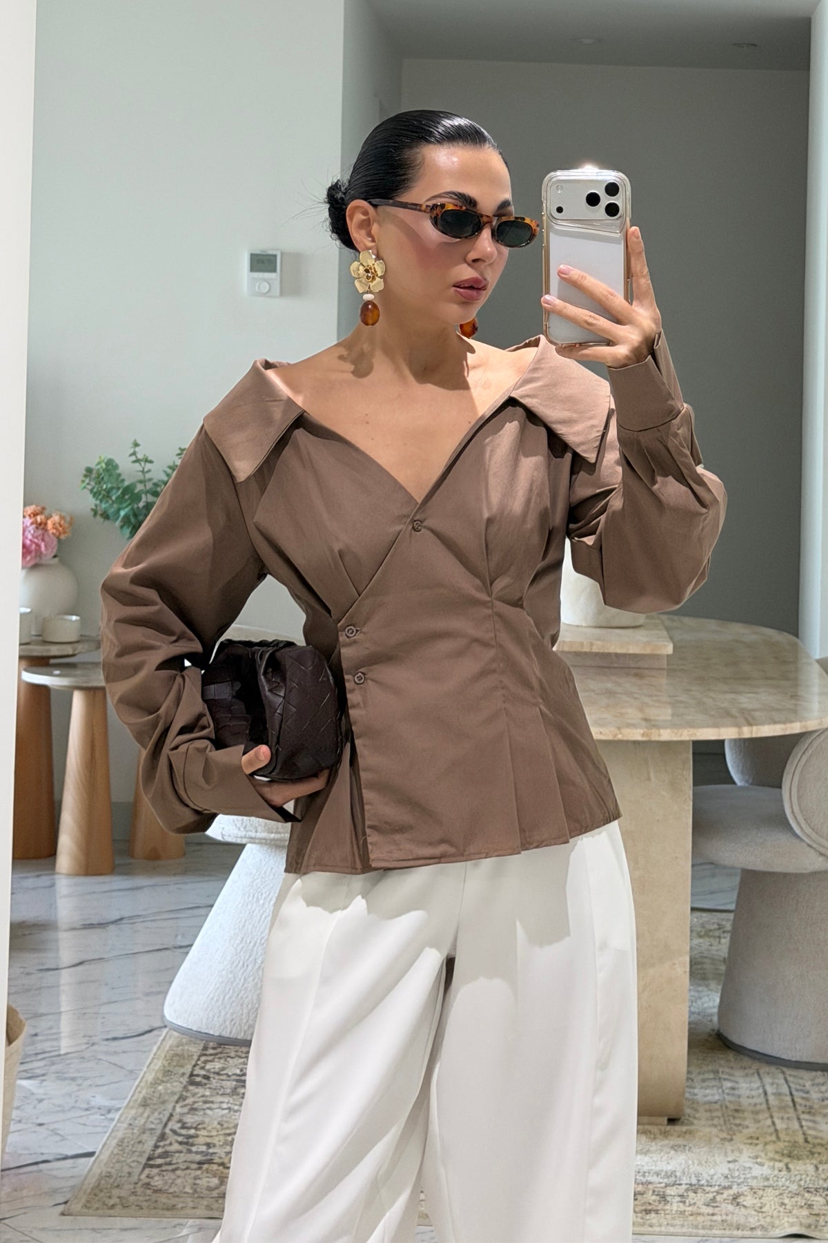 Çapraz Düğmeli Pile Detaylı Kahverengi Poplin Gömlek SY-3881-Kahverengi