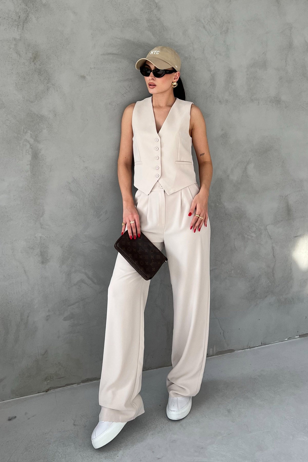 Taş Cep Detaylı Yelek Palazzo Pantolon Takım SY-2468-Taş