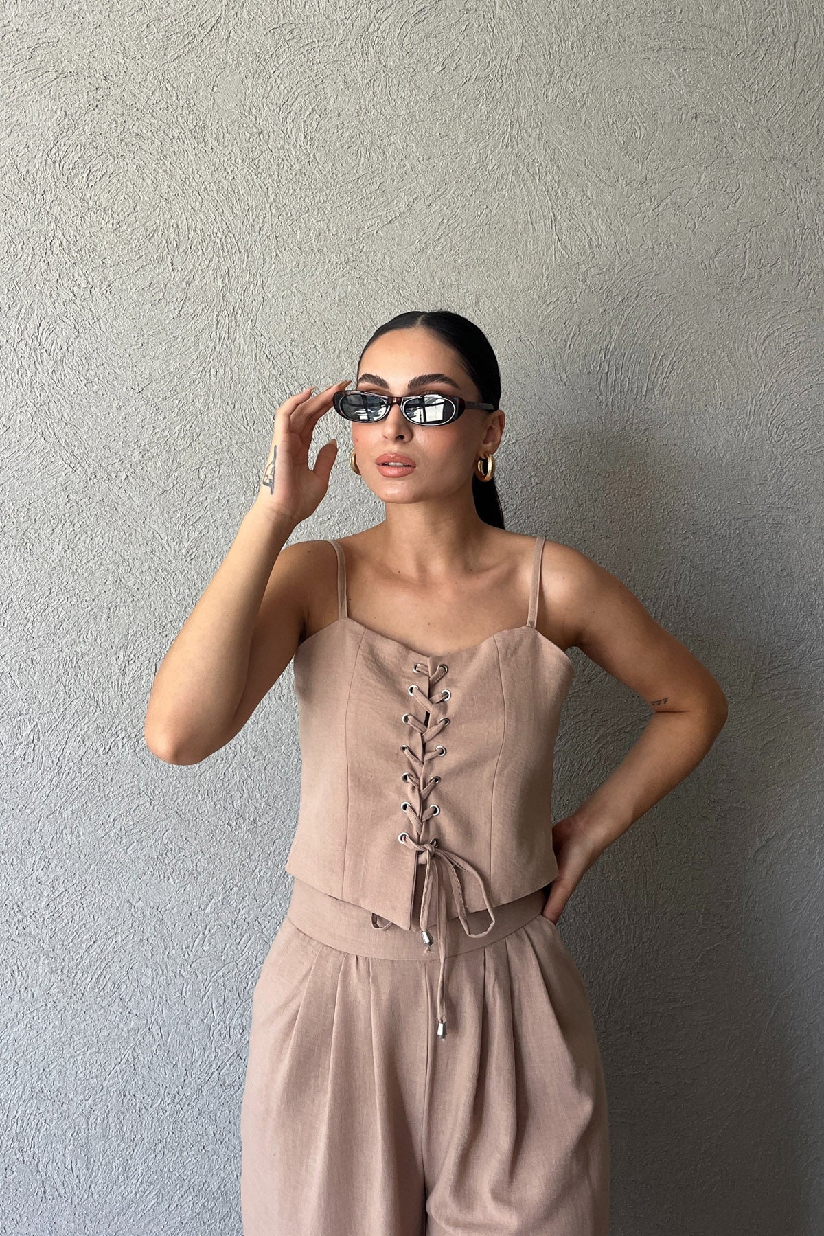 Vizon İnce Askılı İp Bağlama Detaylı Crop Pantolon Takım SY-2361-Vizon