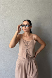 Vizon İnce Askılı İp Bağlama Detaylı Crop Pantolon Takım SY-2361-Vizon