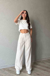 Bej Tensel Kumaş Çizgili Pantolon SY-1977-Bej