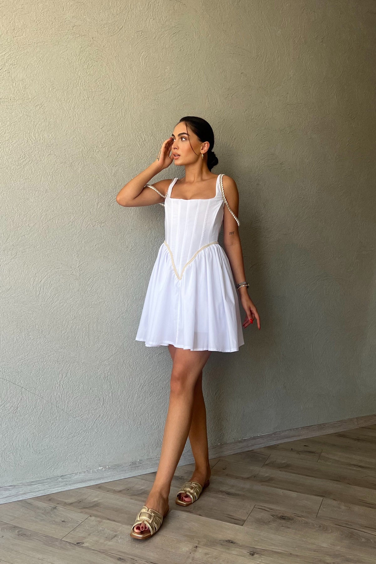 Beyaz Ravello Korse Detay Elbise SY-2375-Beyaz