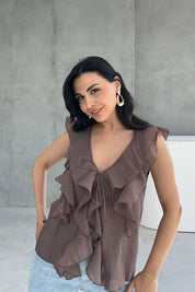 Kahve Fırfırlı Bağlama Detaylı Bluz SY-3165-Kahve