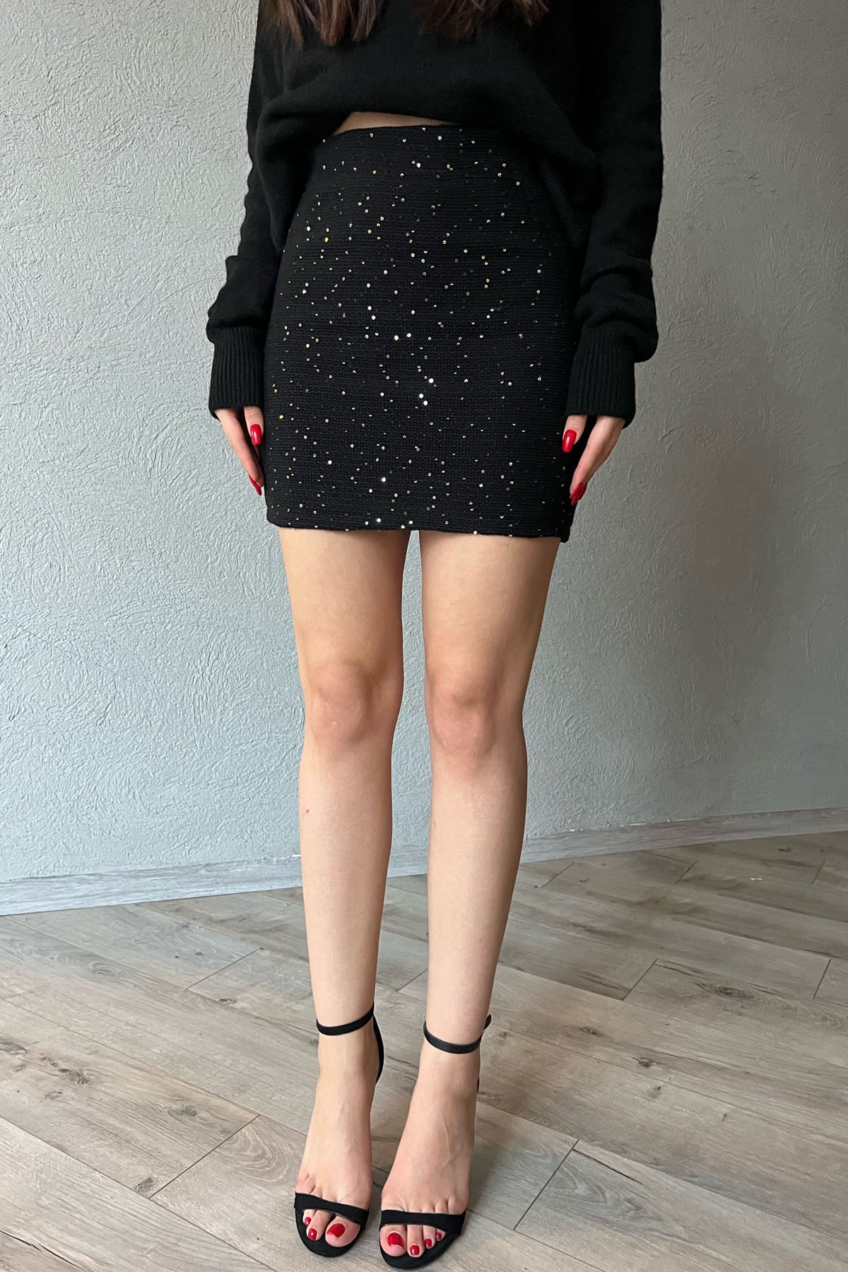 Siyah Pullu Beli Lastikli Astarlı Mini Triko Etek SY-1325-Siyah