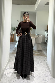 Ekose Desenli Yırtmaç Detaylı Acı Kahve Çizgili Kloş Etek SY-3494-Acı kahve