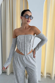 Gri Düşük Omuz Bluz Pantolon İkili Takım SY-2396-Gri