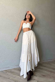 Bej Beli Lastikli Önü İp Detaylı Fırfırlı Etek SY-1937-Bej