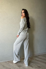 Gri Asimetrik Fitilli Bluz ve Pantolon Triko Takım SY-1299-Gri