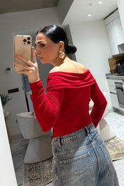 Kırmızı Carmen Yaka Broş Detaylı Bluz SY-3506-Kırmızı