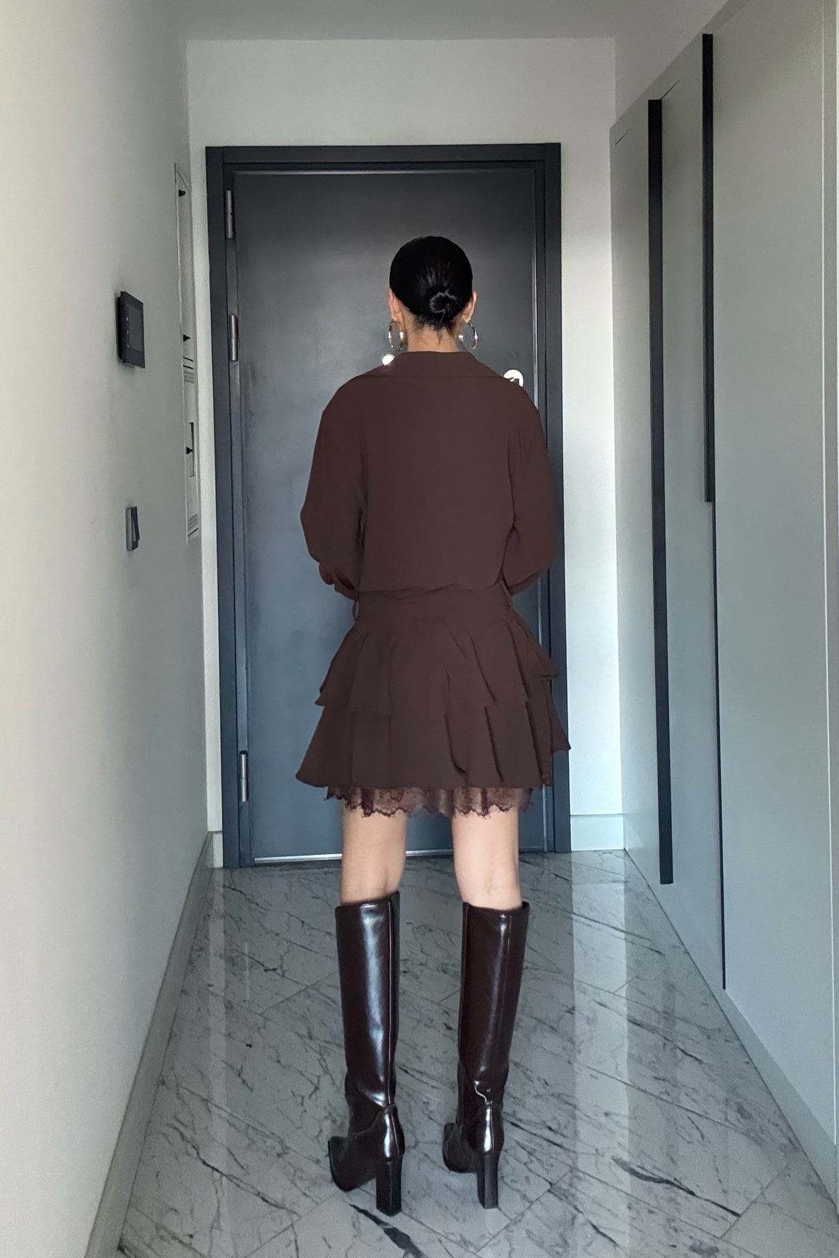 Dantel Detaylı Kemerli Kahve Mini Elbise SY-3490-Kahverengi