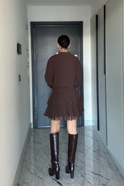 Dantel Detaylı Kemerli Kahve Mini Elbise SY-3490-Kahverengi