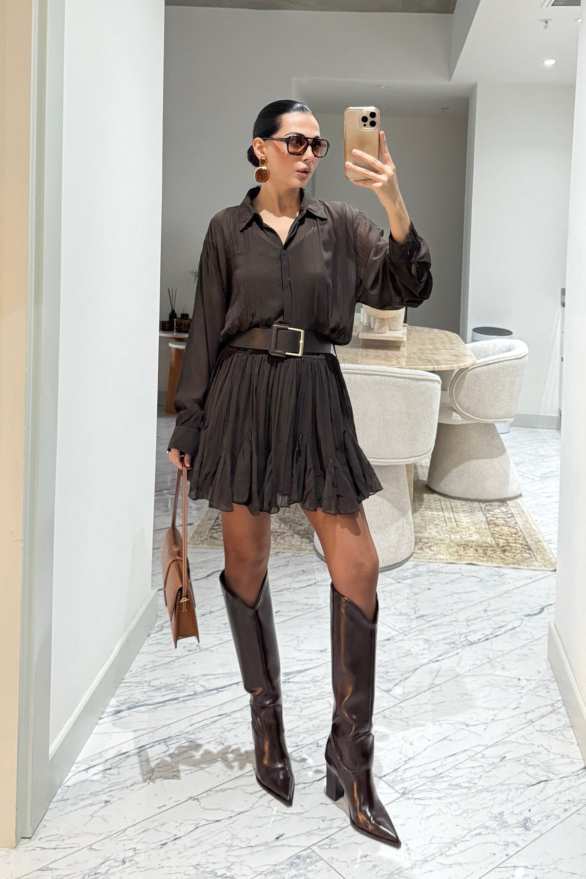 Kahverengi Kemer Detaylı Kitya Elbise SY-3559-Kahve