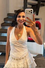Halter Yaka İşlemeli Brode Crop Bluz Ekru SY-3749-Ekru