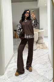 Kahve Bej Gömlek Detaylı Triko Pantolon Takım SY-3497-Bej