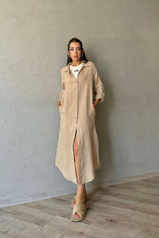 Bej Polo Yaka Düğmeli Yandan Yırtmaçlı Keten Elbise SY-0658-Bej