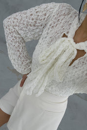 Beyaz Bağlama Detaylı Dantel Bluz SY-3636-Beyaz