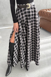 Ekose Desenli Yırtmaç Detaylı Siyahlı Beyaz Çizgili Kloş Etek SY-3494-Beyaz