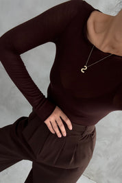 Kayık Yaka Kaşmir Kahve Transparan Body SY-3425-Kahve