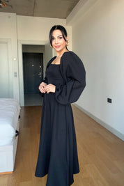 Siyah Zernes Balon Kol Midi Elbise SY-2673-Siyah