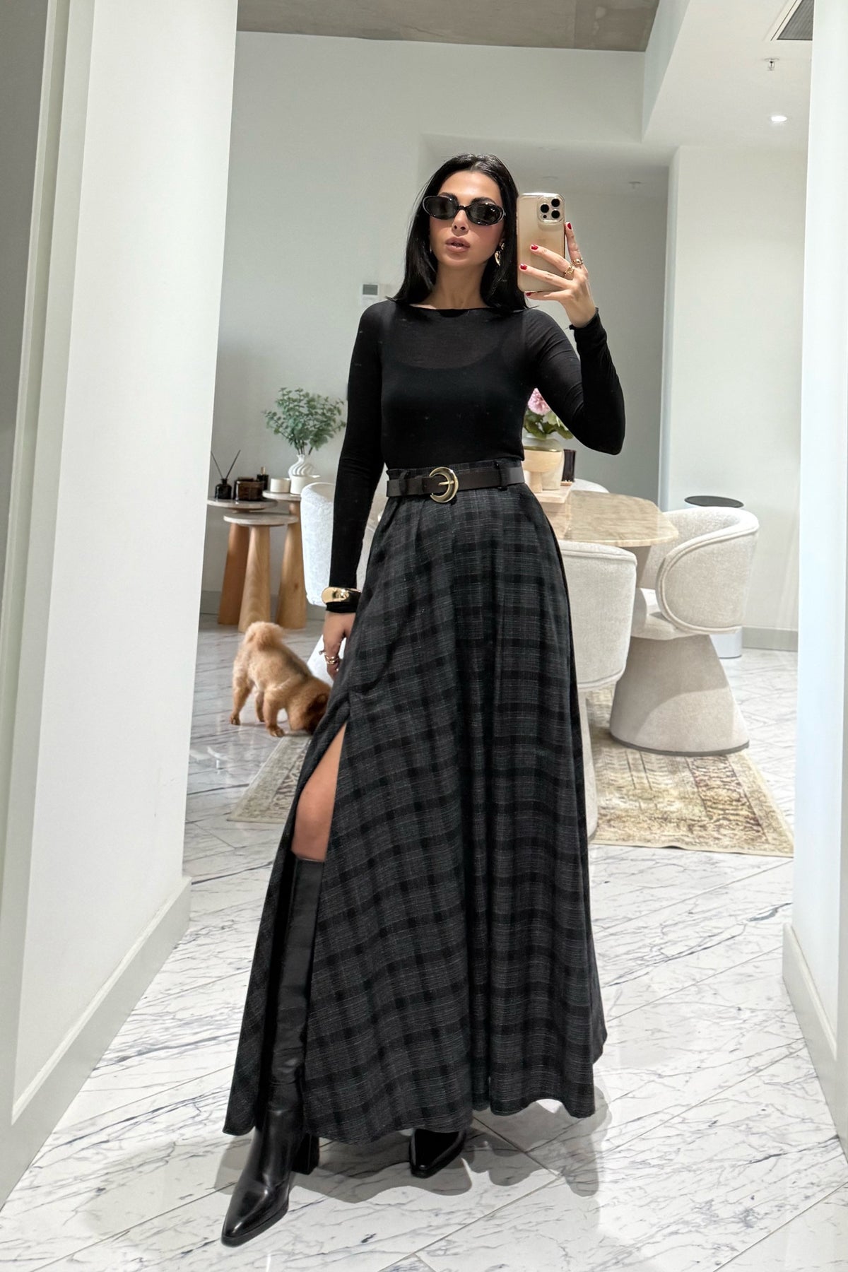 Ekose Desenli Yırtmaç Detaylı Siyahlı Gri Çizgili Kloş Etek SY-3494-Siyah