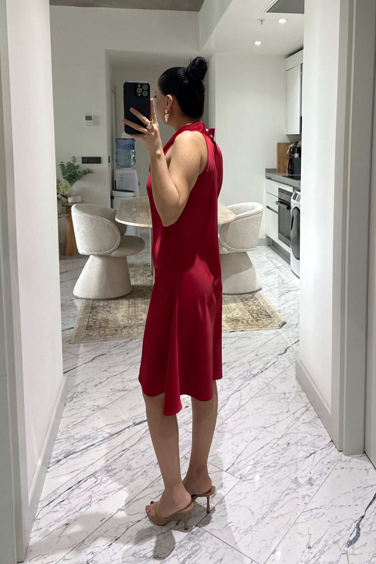 Kırmızı Degaje Yaka Saten Elbise SY-3683-Kırmızı