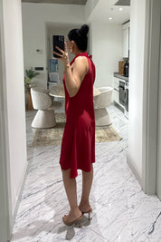 Kırmızı Degaje Yaka Saten Elbise SY-3683-Kırmızı