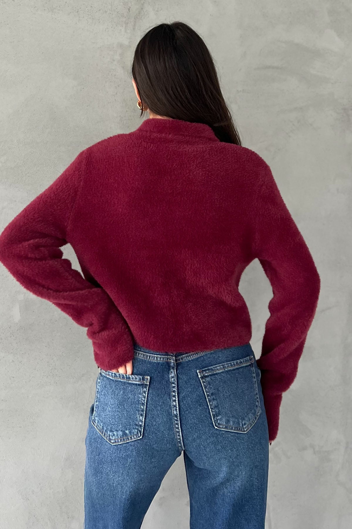 Bordo Çiçek Düğmeli Yumoş Hırka SY-2817-Bordo