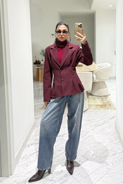 Bordo Belden Oturmalı Pileli Ceket SY-3581-Bordo