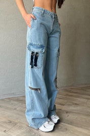 Mavi Kargo Cepli Fermuar Detaylı Wide Leg Jean SY-1829-Mavi