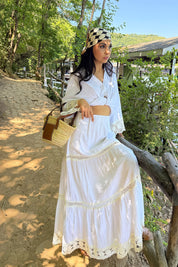 Beyaz Keten Güpür Detaylı Etek Ve Gömlek Takım SY-3231-Beyaz