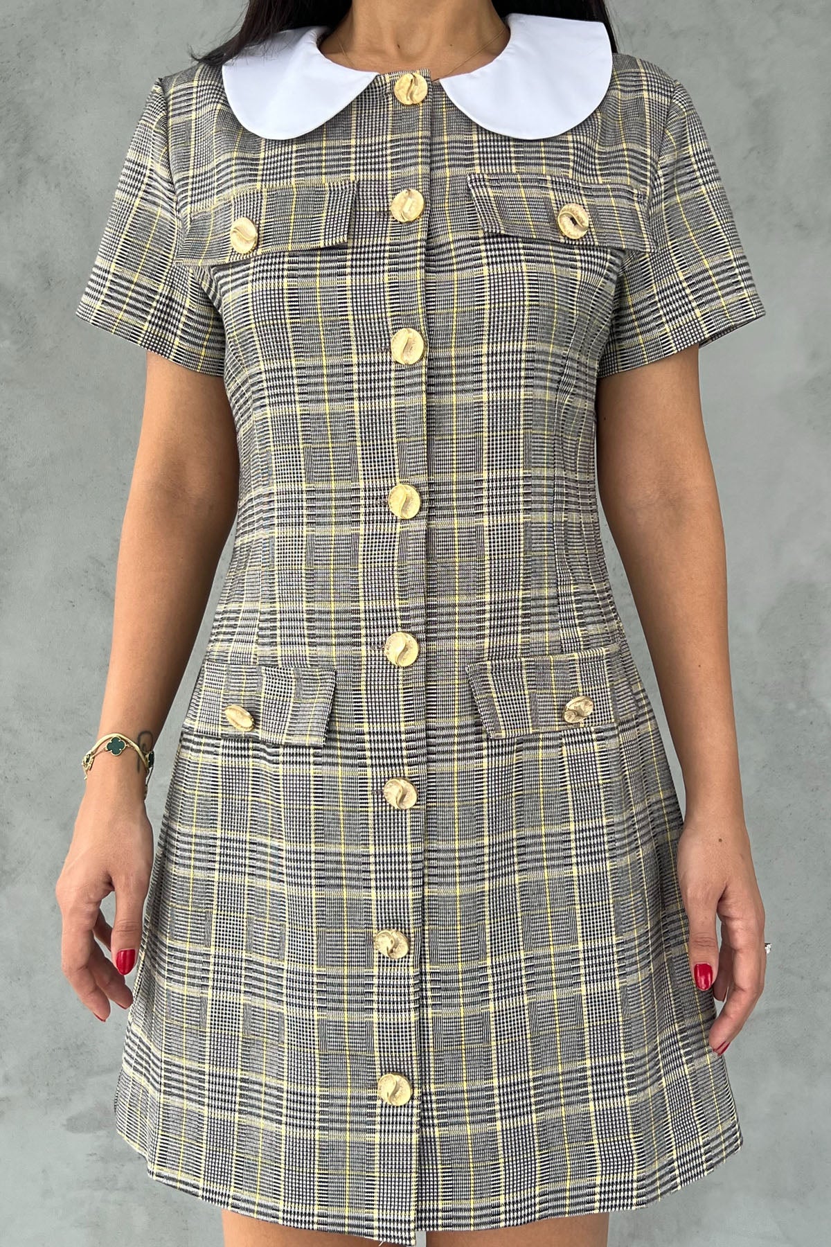 Sarı Ekoseli Bebe Yaka Gold Düğmeli Elbise SY-2544-Sarı