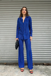 Saks Mavisi Yırtmaçlı Fitilli Kadın Gömlekli Oversize Takım SY-0092-Saks Mavisi