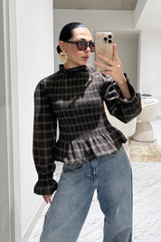 Gipeli Volanlı Ekose Desen Kahve Rengi Bluz SY-3553-Kahverengi