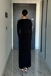 Kruvaze Yaka Uzun Kol Tokalı Siyah Elbise SY-3520-Siyah